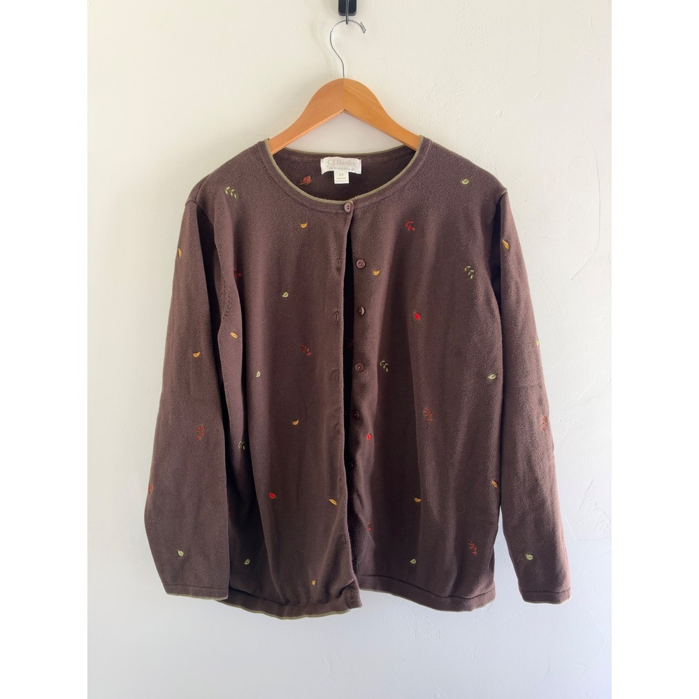 CJ Banks Brown Fleece Cardigan Embroidered Autumn Leaves Button Front Plus 2X